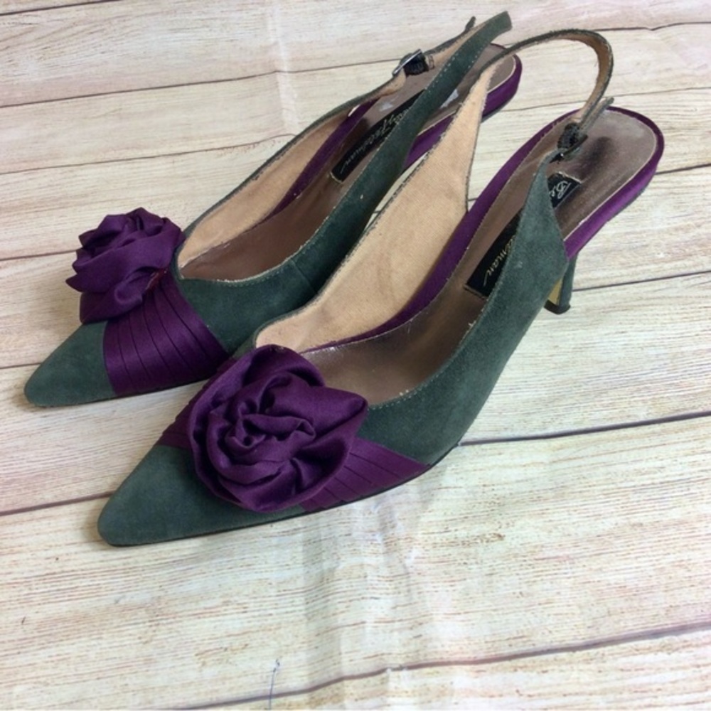 Beverly Feldman gray suede purple bow heels pumps. 9–9.5.